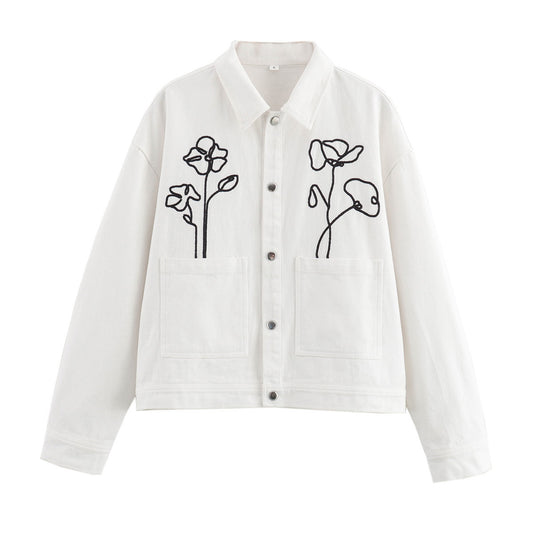 Women's Lapel Flower Embroidered Long Sleeve Coat