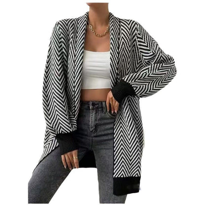 Striped Contrast Color Sweater Coat For Women