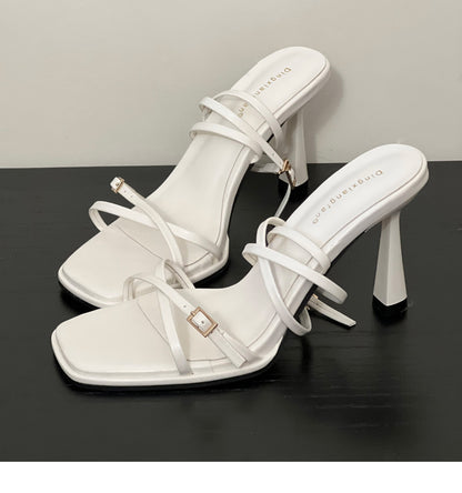 White Square Toe Thin Strap High Heels