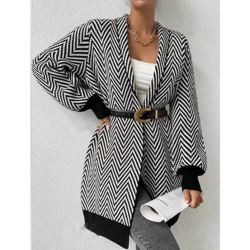 Striped Contrast Color Sweater Coat For Women