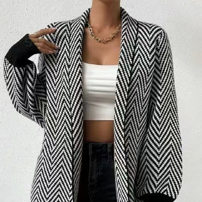 Striped Contrast Color Sweater Coat For Women