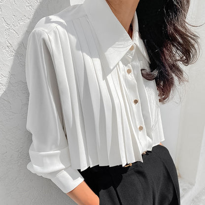 Casual Chiffon White Pleated Long Sleeve Shirt