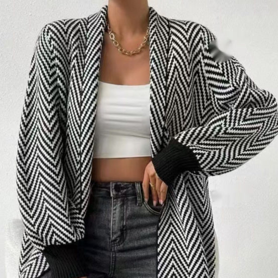 Striped Contrast Color Sweater Coat For Women