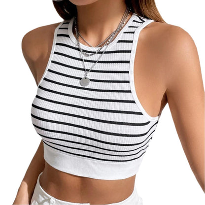 Black And White Striped Outer Wear Slim Sleeveless Top