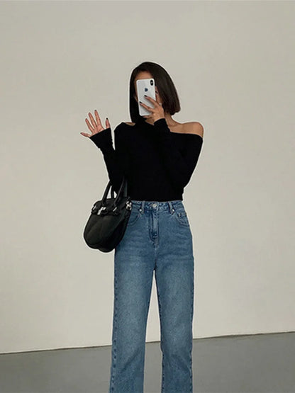 Fashion Skew Collar Off-shoulder Long-sleeved T-shirts Women