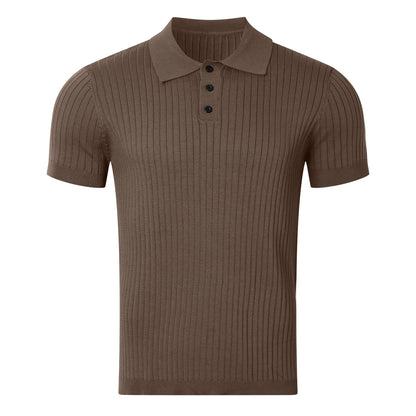 Summer Men's Clothing Retro Knit Lapel Striped Polo Shirt