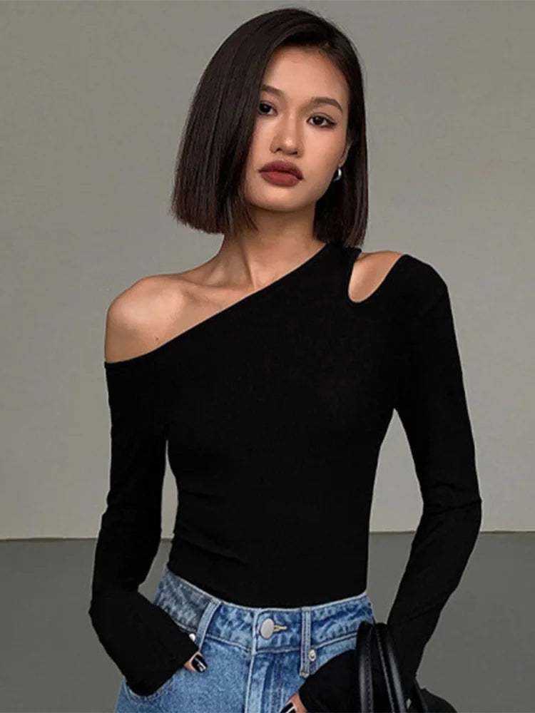 Fashion Skew Collar Off-shoulder Long-sleeved T-shirts Women