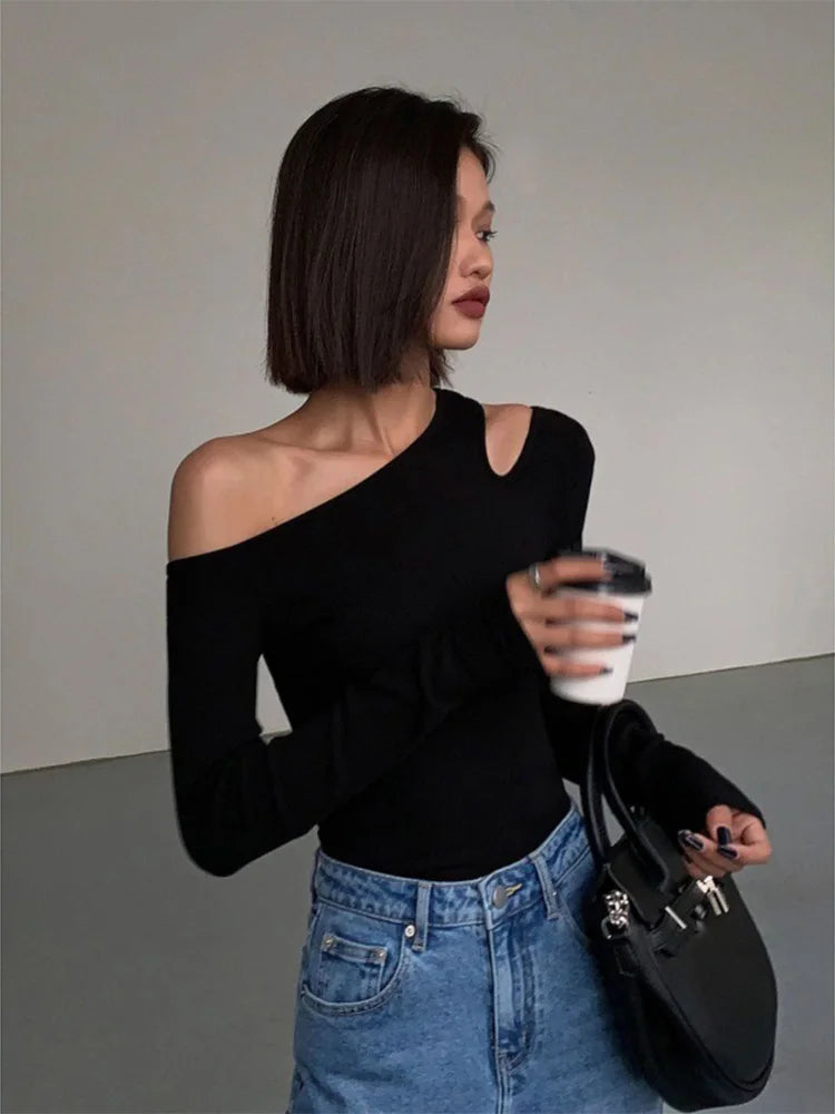 Fashion Skew Collar Off-shoulder Long-sleeved T-shirts Women