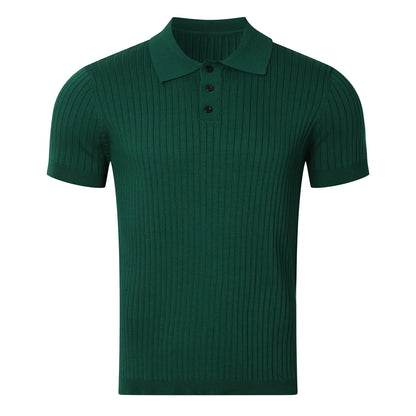 Summer Men's Clothing Retro Knit Lapel Striped Polo Shirt