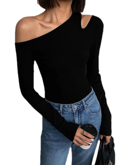 Fashion Skew Collar Off-shoulder Long-sleeved T-shirts Women