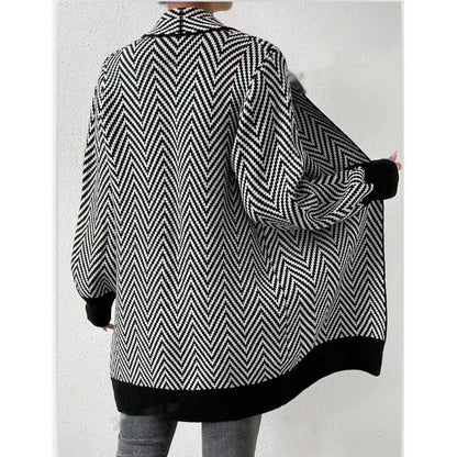 Striped Contrast Color Sweater Coat For Women