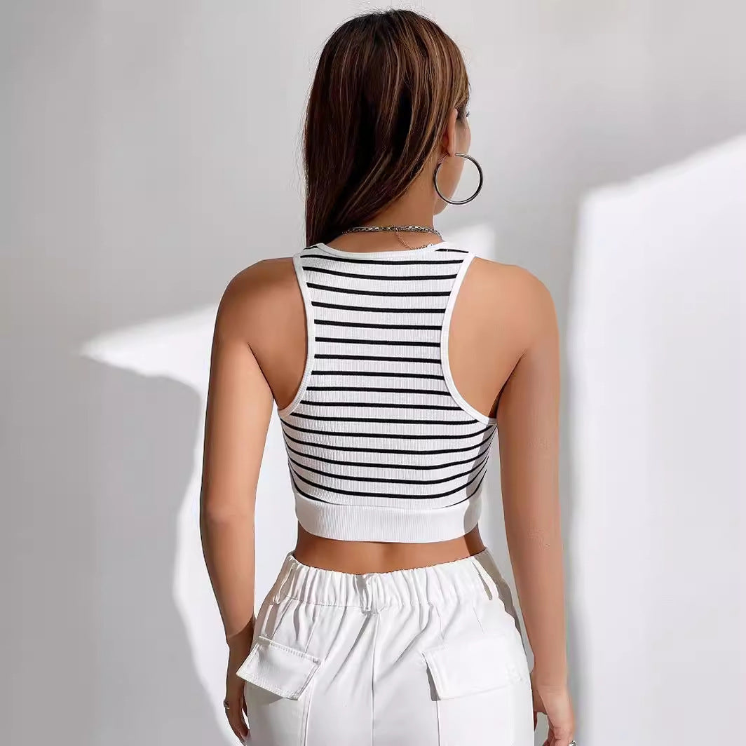 Black And White Striped Outer Wear Slim Sleeveless Top