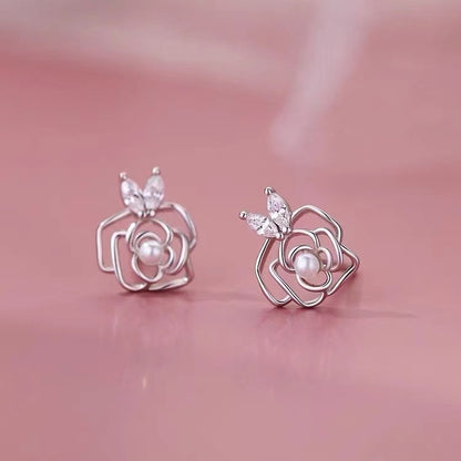 Sterling Silver Flower Pearl Stud