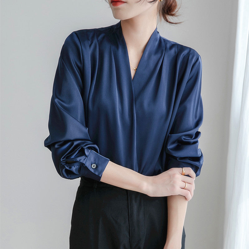 Women's Satin Design V-neck  Loose Top