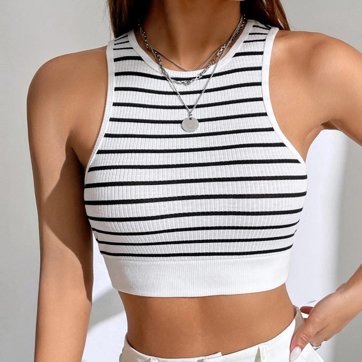 Black And White Striped Outer Wear Slim Sleeveless Top